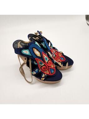 Stella McCartney Multi Color Beaded Blue Satin High Leg Lug Sole Sandal Sz 36.5
